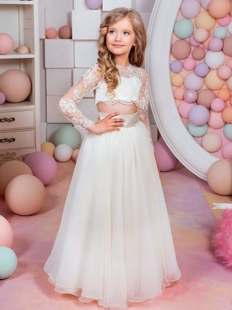 A-Line/Princess Long Sleeves Jewel Lace Chiffon Floor-Length Flower Girl Dresses