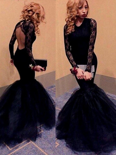 Trumpet/Mermaid Long Sleeves Scoop Lace Floor-Length Tulle Dresses