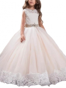 Ball Gown Scoop Sleeveless Lace Floor-Length Tulle Flower Girl Dresses