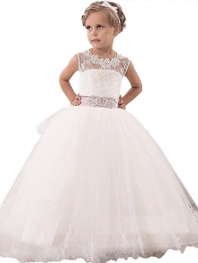 Ball Gown Scoop Sleeveless Lace Floor-Length Tulle Flower Girl Dresses