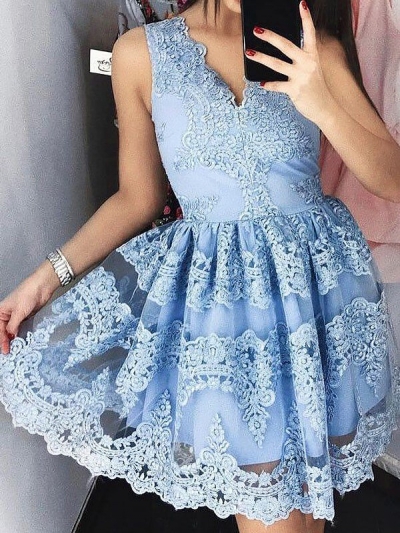 A-Line/Princess V-neck Sleeveless Short/Mini Lace Dresses [PON1506EV842]