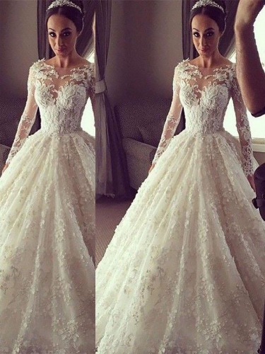 Ball Gown Long Sleeves Scoop Court Train Lace Wedding Dresses