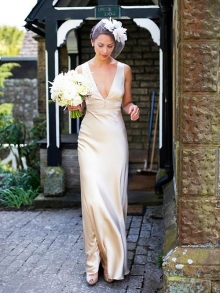 Sheath/Column Satin Sleeveless V-neck Sweep/Brush Train Wedding Dresses