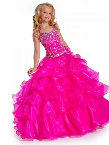 Ball Gown Halter Sleeveless Rhinestone Long Organza Flower Girl Dresses