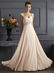 A-Line/Princess Straps Sleeveless Long Beading Chiffon Dresses