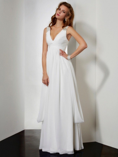 A-Line/Princess V-neck Sleeveless Rhinestone Long Chiffon Dresses [40081]