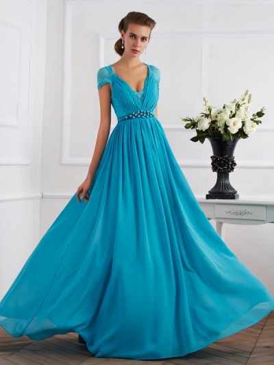 A-Line/Princess V-neck Beading Short Sleeves Long Chiffon Dresses [40215]