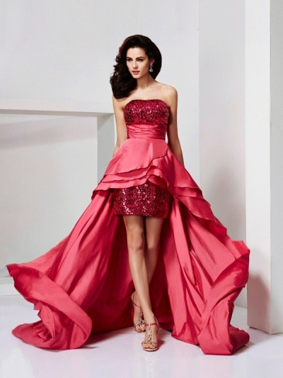 A-Line/Princess Strapless Sleeveless Lace High Low Taffeta Dresses [40256]