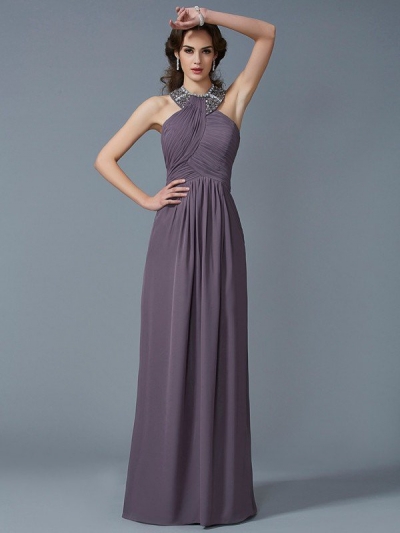 Sheath/Column High Neck Sleeveless Beading Long Chiffon Dresses [40291]