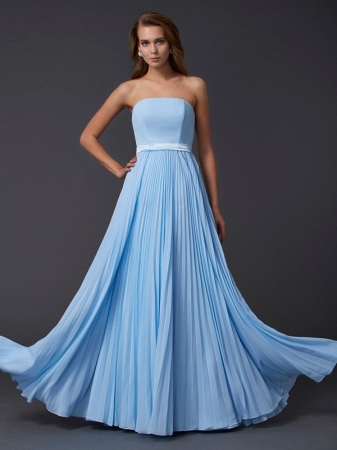 A-Line/Princess Strapless Sleeveless Ruched Long Chiffon Dresses