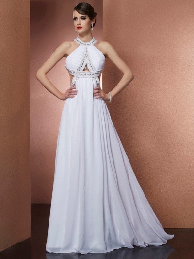 A-Line/Princess Bateau Sleeveless Beading Long Chiffon Dresses [40425]