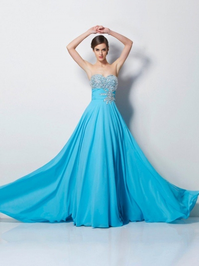 A-Line/Princess Sweetheart Sleeveless Beading Long Chiffon Dresses [40574]