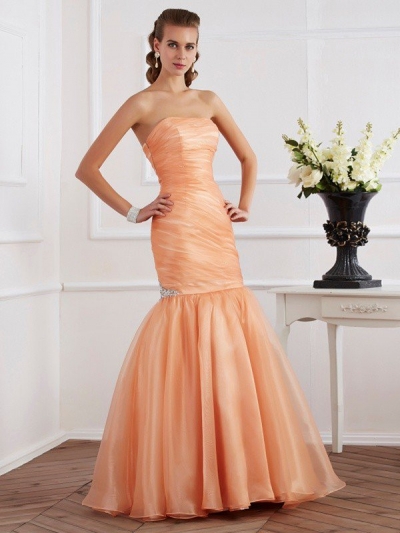 Trumpet/Mermaid Strapless Sleeveless Beading Long Tulle Dresses [40636]