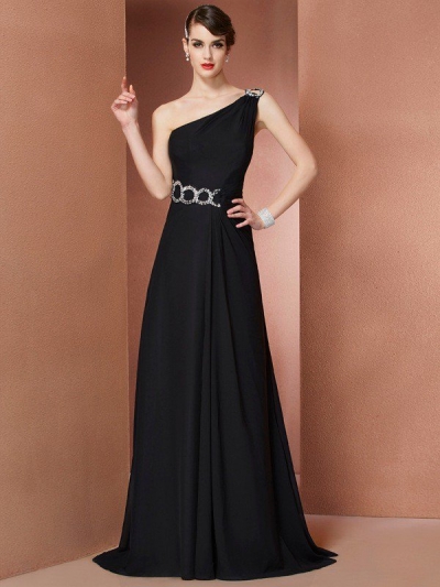 A-Line/Princess One-Shoulder Sleeveless Beading Long Chiffon Dresses [40771]