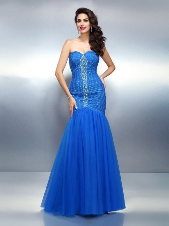 Trumpet/Mermaid Sweetheart Rhinestone Sleeveless Long Satin Dresses