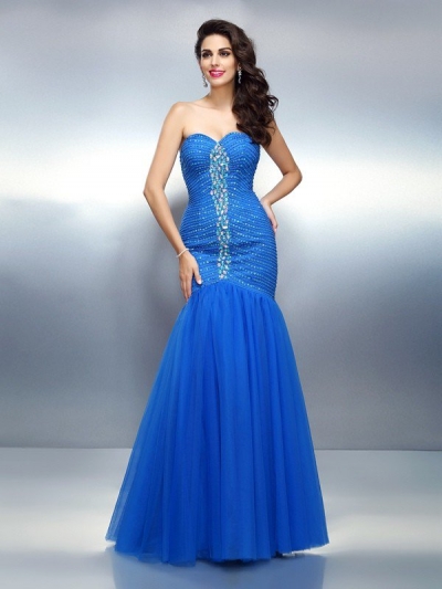 Trumpet/Mermaid Sweetheart Rhinestone Sleeveless Long Satin Dresses [50284]