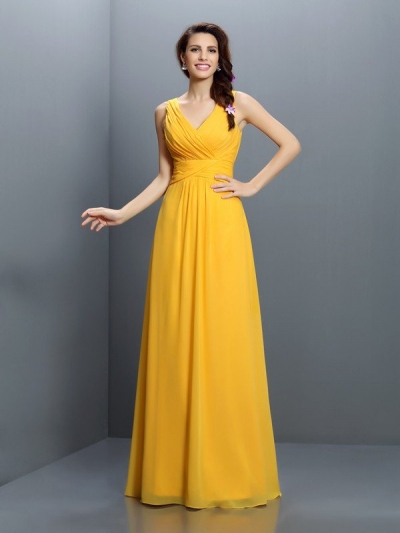 A-Line/Princess V-neck Pleats Sleeveless Long Chiffon Bridesmaid Dresses [50449]