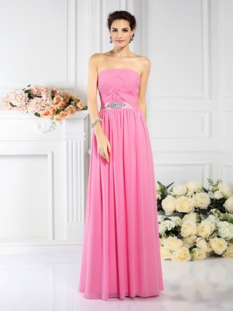 A-Line/Princess Strapless Pleats Sleeveless Long Chiffon Bridesmaid Dresses