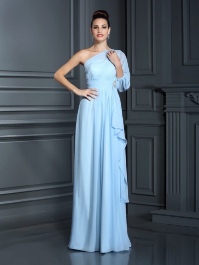 Sheath/Column One-Shoulder 3/4 Sleeves Long Chiffon Bridesmaid Dresses [50458]