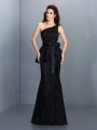 Trumpet/Mermaid One-Shoulder Lace Sleeveless Long Satin Bridesmaid Dresses