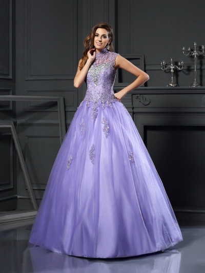 Ball Gown High Neck Beading Sleeveless Long Net Quinceanera Dresses [50702]