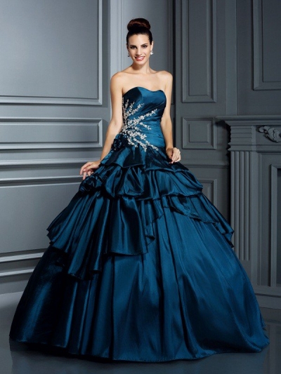 Ball Gown Strapless Beading Sleeveless Long Taffeta Quinceanera Dresses [50711]