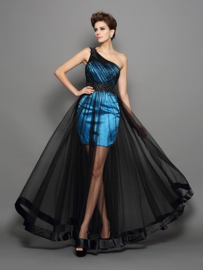 A-Line/Princess One-Shoulder Ruched Sleeveless Long Elastic Woven Satin Dresses [50762]