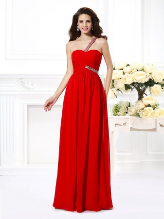 A-Line/Princess One-Shoulder Beading Sleeveless Long Chiffon Dresses