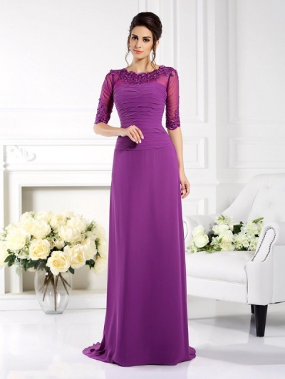 Sheath/Column Scoop Applique 1/2 Sleeves Long Chiffon Mother of the Bride Dresses [50869]