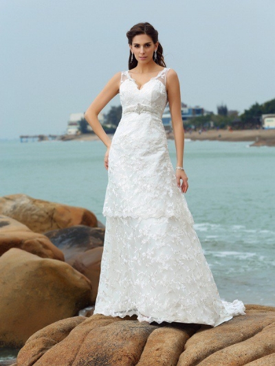 A-Line/Princess Straps Applique Sleeveless Long Satin Beach Wedding Dresses