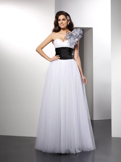 A-Line/Princess One-Shoulder Sash/Ribbon/Belt Sleeveless Long Net Dresses [51130]