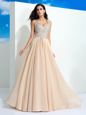 A-Line/Princess Straps Beading Sleeveless Long Chiffon Dresses