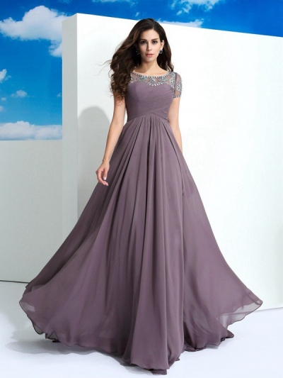 A-Line/Princess Sheer Neck Beading Short Sleeves Long Chiffon Dresses [60174]