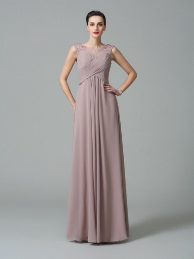 A-Line/Princess Scoop Ruched Sleeveless Long Chiffon Bridesmaid Dresses [60250]