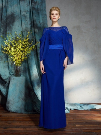 Sheath/Column Bateau Long Sleeves Long Chiffon Dresses