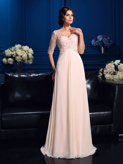 A-Line/Princess V-neck Beading 1/2 Sleeves Long Chiffon Mother of the Bride Dresses [60470]