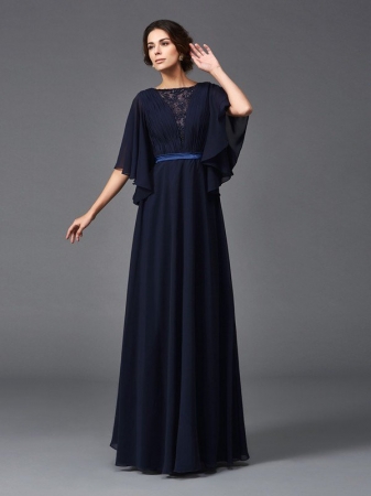 A-Line/Princess Scoop Beading 1/2 Sleeves Long Chiffon Mother of the Bride Dresses