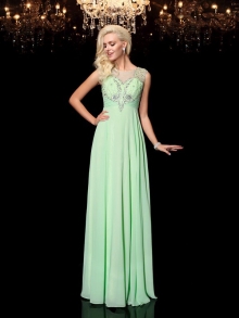 A-line/Princess Scoop Beading Sleeveless Long Chiffon Dresses