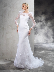 Sheath/Column Sheer Neck Hand-Made Flower Long Sleeves Long Satin Wedding Dresses