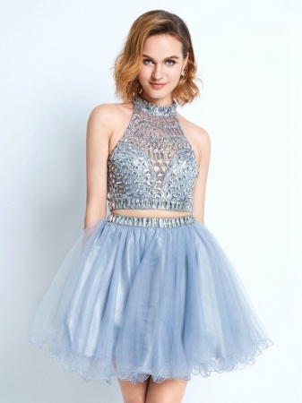 A-Line/Princess High Neck Sleeveless Beading Short/Mini Net Two Piece Dresses