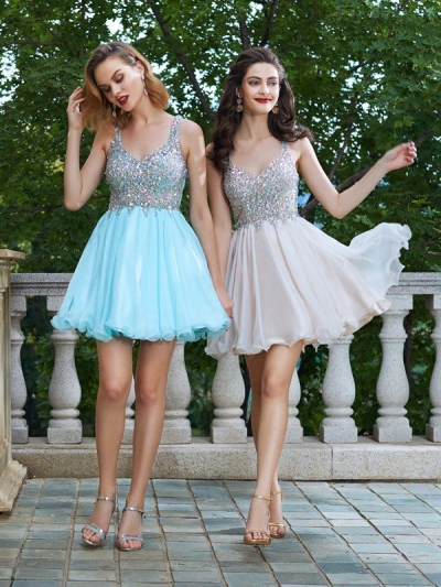 A-Line/Princess Rhinestone Straps Sleeveless Short/Mini Chiffon Dresses [63050]