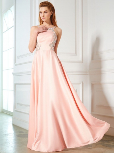 A-Line/Princess Scoop Beading Sleeveless Satin Floor-Length Dresses [70034]