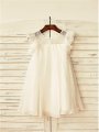 A-line/Princess Scoop Short Sleeves Lace Tea-Length Chiffon Flower Girl Dresses