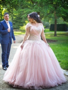 Ball Gown Off-the-Shoulder Sleeveless Applique Floor-Length Tulle Plus Size Dresses