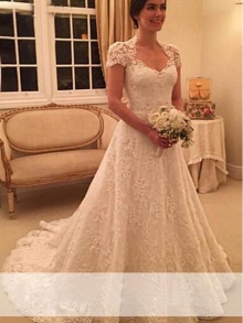 A-Line/Princess Sweetheart Court Train Short Sleeves Lace Wedding Dresses