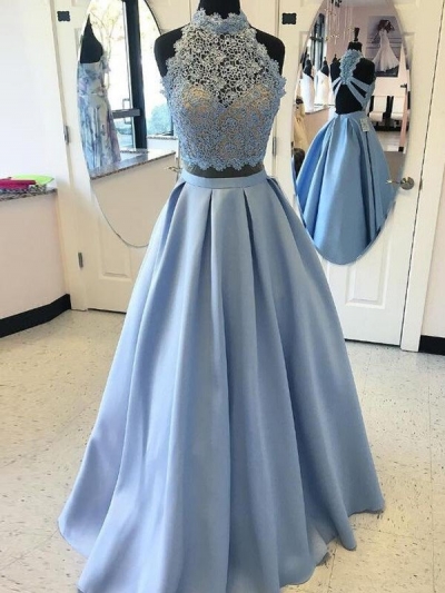 Ball Gown High Neck Sleeveless Floor-Length Applique Satin Two Piece Dresses [PO16033PO545]