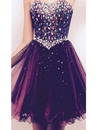 A-Line/Princess Sleeveless Sweetheart Rhinestone Tulle Short/Mini Dresses