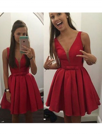 A-Line/Princess Sleeveless V-neck Bowknot Satin Short/Mini Dresses