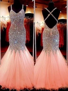 Trumpet/Mermaid Sleeveless V-neck Tulle Sequin Floor-Length Dresses