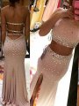 Sheath/Column Halter Sleeveless Beading Sweep/Brush Train Spandex Two Piece Dresses